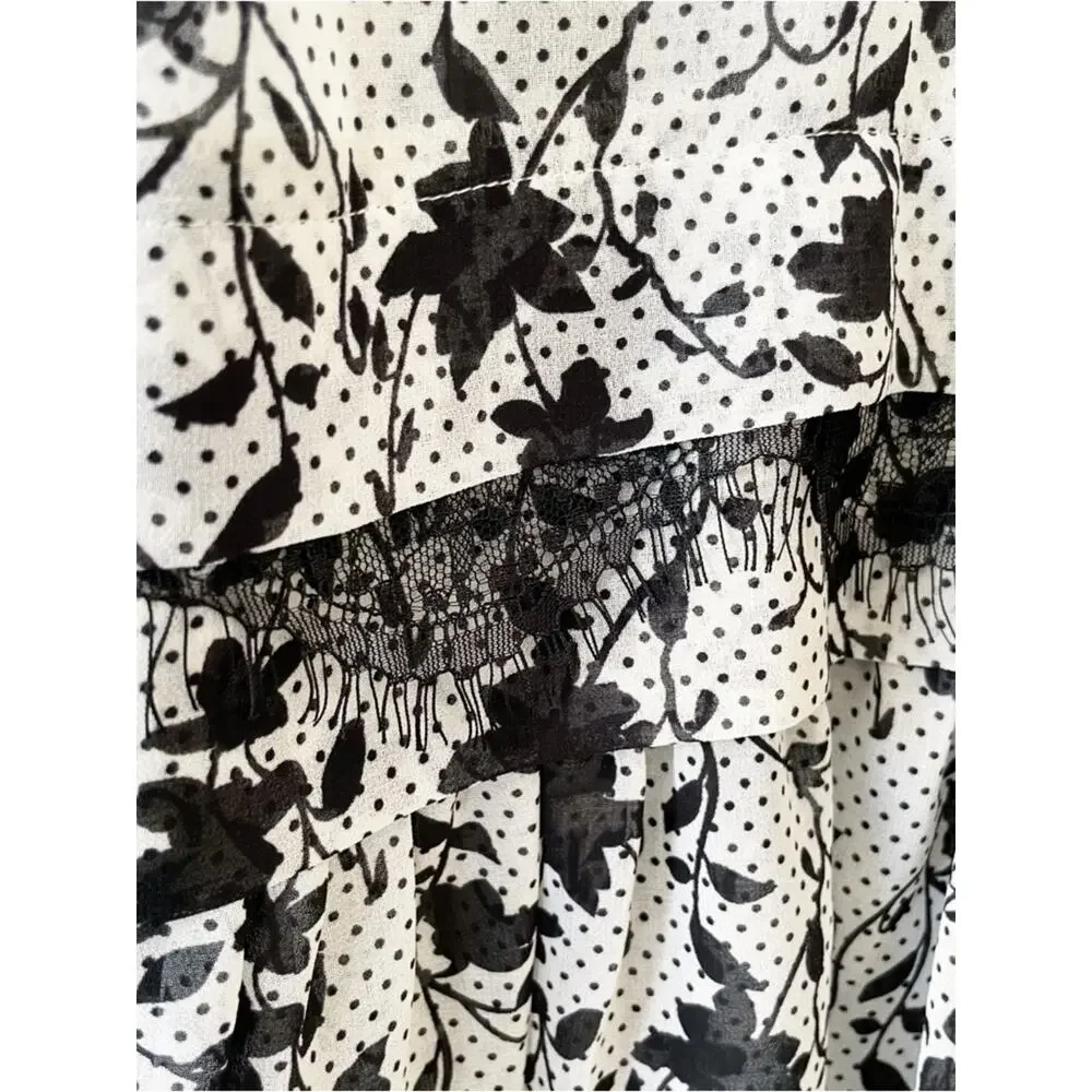 CAbi Black & White Floral Ruffle Tiered Tank Size Medium LIKE NEW